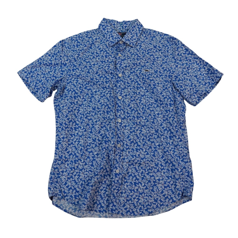 Vineyard Vines Shirt Mens Medium Blue Floral Slim Fit Whale Short Sleeve Cotton